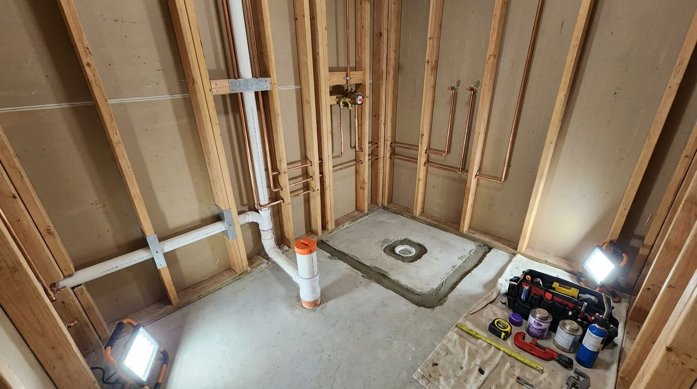Bathroom rough-in plumbing during remodel by Johns Plumbing LLC in Glen Rock
