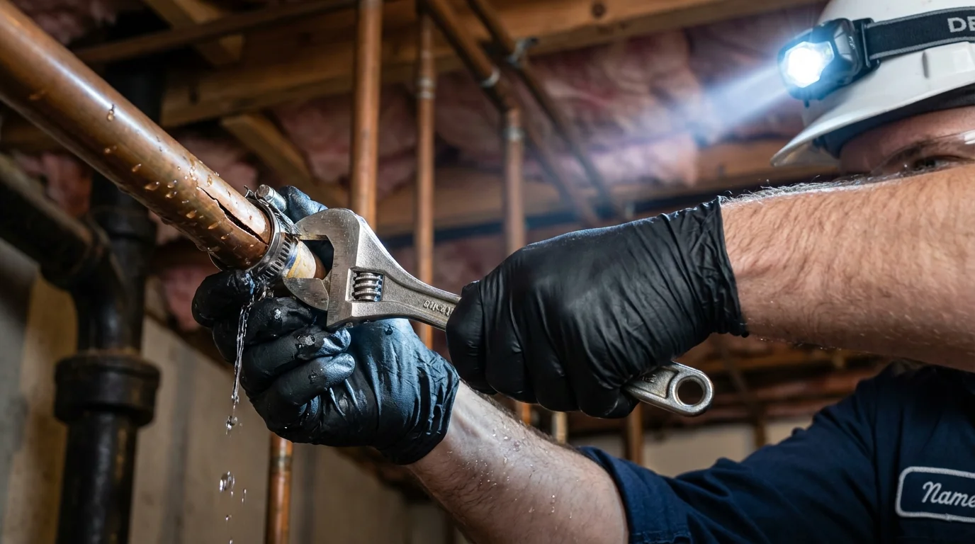 Emergency pipe clamp repair being performed by a Johns Plumbing LLC plumber in Glen Rock