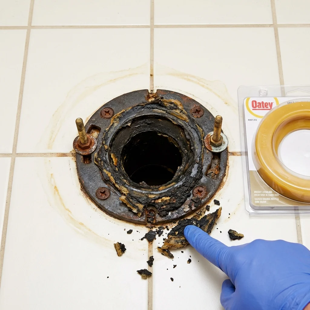 Failed wax ring showing water seepage at the base of a toilet in a Glen Rock, PA home