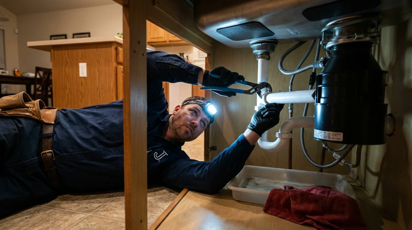 P-trap and supply line connections under a kitchen sink showing a common leak point in Glen Rock, PA